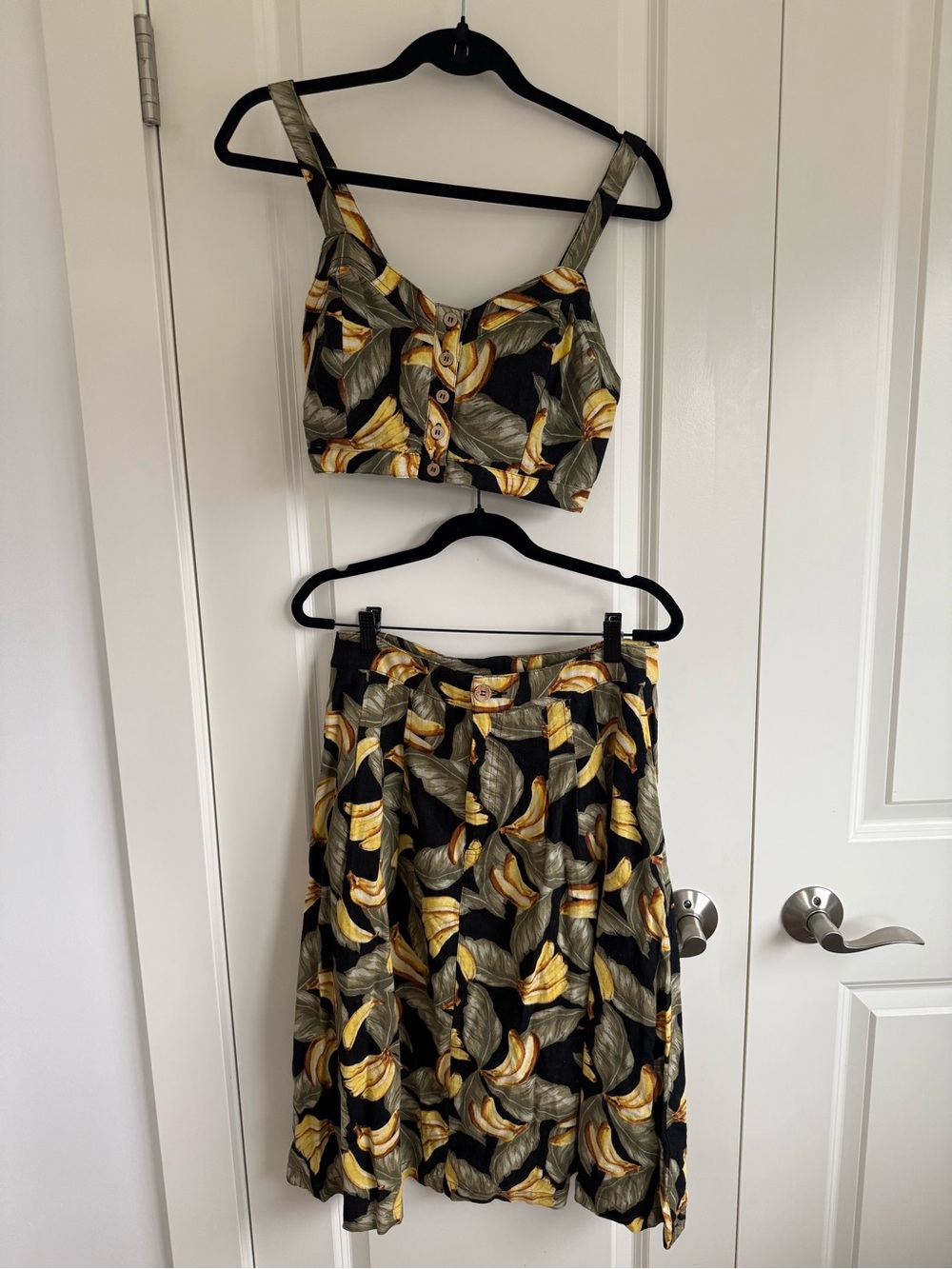Forever 21 Black Crop Top & Skirt Set with Banana and Olive Leaf Print